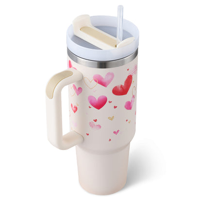 40 Oz Tumbler With Handle Straw Insulated, Stainless Steel Spill Proof Vacuum Coffee Cup Tumbler With Lid Tapered Mug Gifts For Valentine Lover