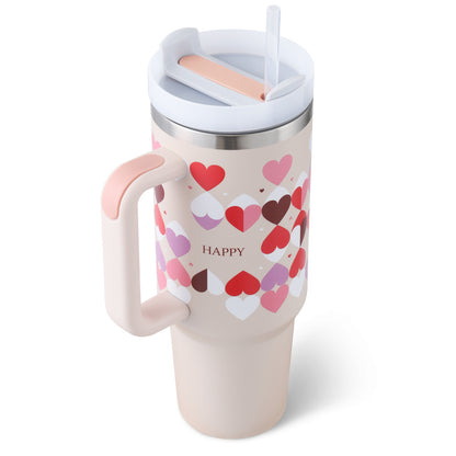 40 Oz Tumbler With Handle Straw Insulated, Stainless Steel Spill Proof Vacuum Coffee Cup Tumbler With Lid Tapered Mug Gifts For Valentine Lover