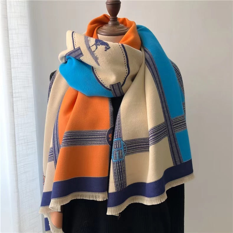 Bufanda de cachemir sintético de estilo coreano con contraste de colores para mujer, ideal para el invierno.