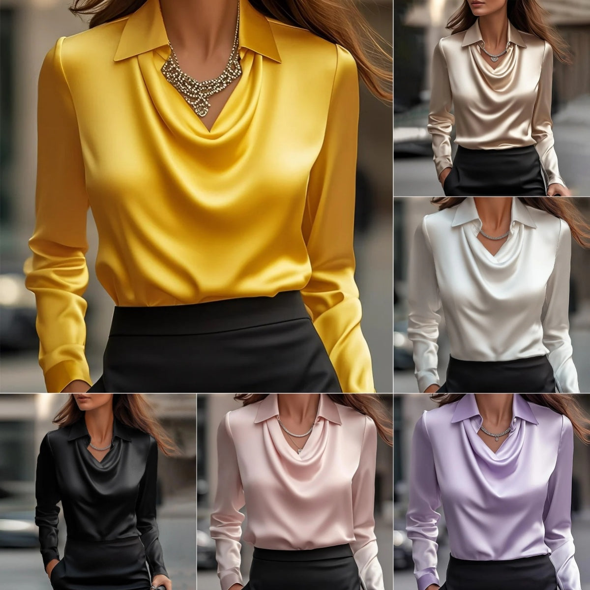 Women's Swing Collar Draped Shirts & Blouses Elegant Solid Satin Office Ladies Top Pullover Spring Long Sleeve Casual Tops