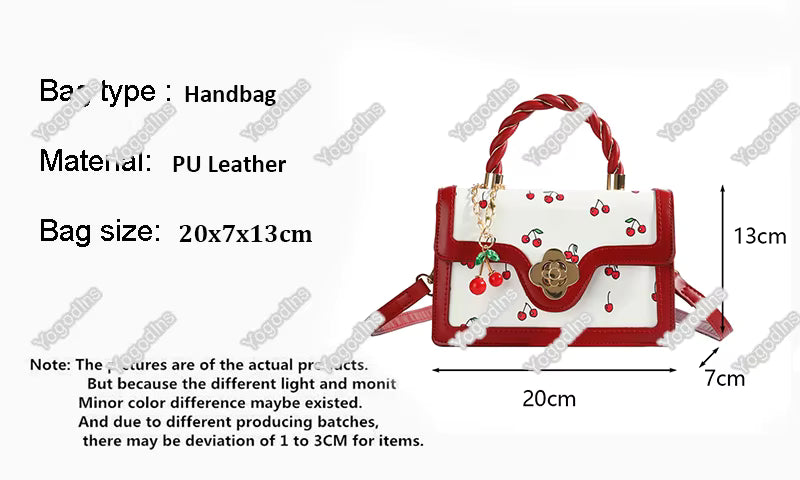 Luxury Square Shoulder Bag Sweet Crossbody Bag Fashion Cherry Print Top-Handle Women High Quality Sling Purse