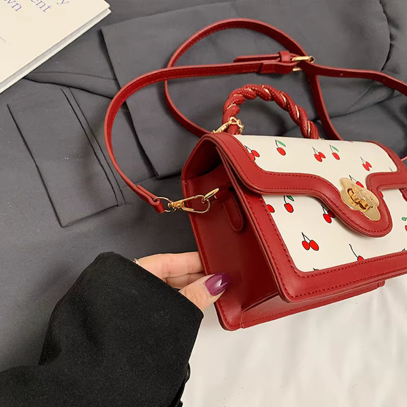 Luxury Square Shoulder Bag Sweet Crossbody Bag Fashion Cherry Print Top-Handle Women High Quality Sling Purse