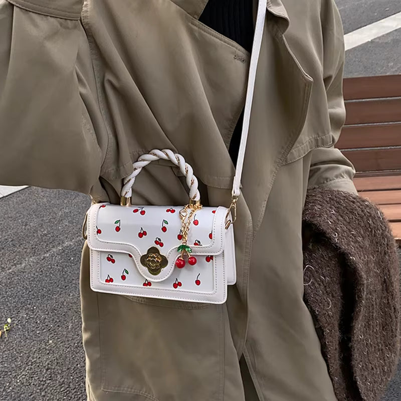 Luxury Square Shoulder Bag Sweet Crossbody Bag Fashion Cherry Print Top-Handle Women High Quality Sling Purse