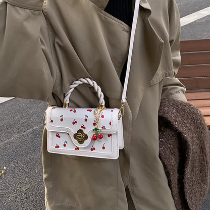 Luxury Square Shoulder Bag Sweet Crossbody Bag Fashion Cherry Print Top-Handle Women High Quality Sling Purse