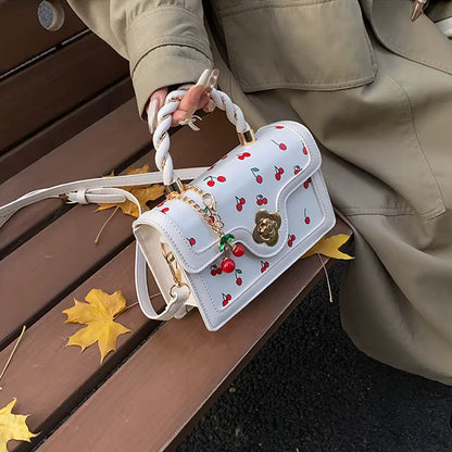 Luxury Square Shoulder Bag Sweet Crossbody Bag Fashion Cherry Print Top-Handle Women High Quality Sling Purse