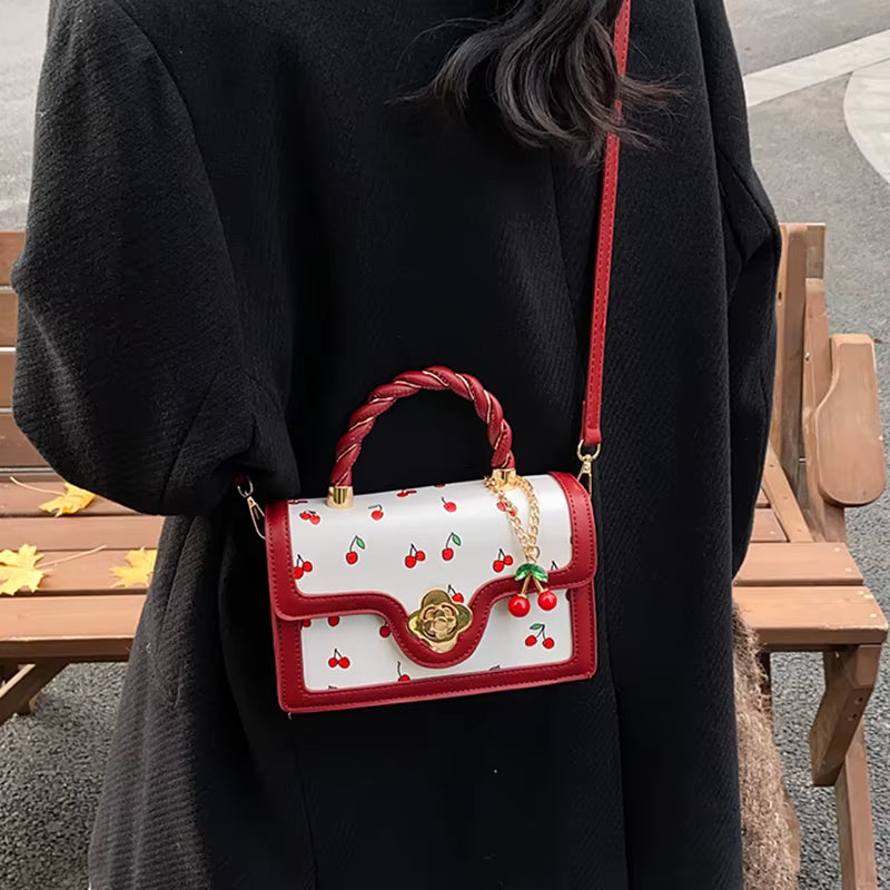 Luxury Square Shoulder Bag Sweet Crossbody Bag Fashion Cherry Print Top-Handle Women High Quality Sling Purse