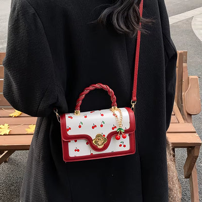 Luxury Square Shoulder Bag Sweet Crossbody Bag Fashion Cherry Print Top-Handle Women High Quality Sling Purse