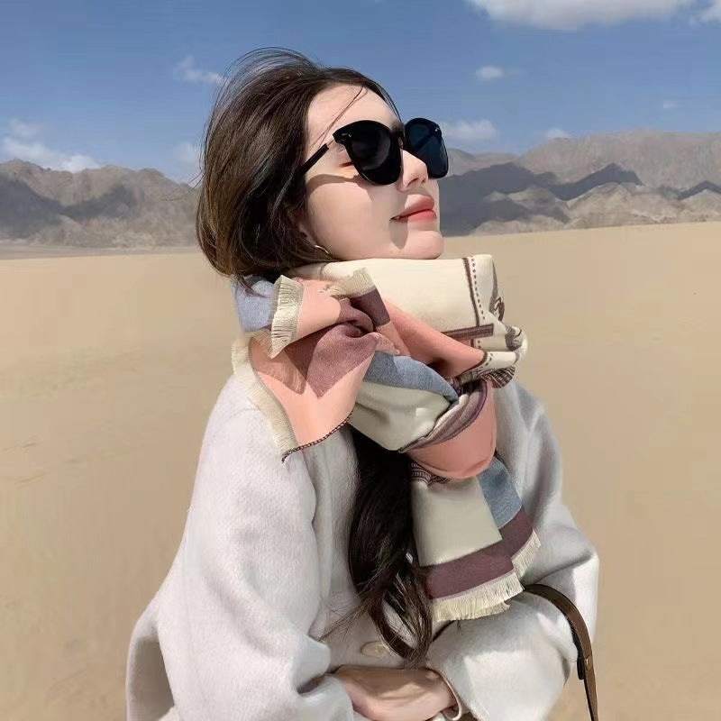 Bufanda de cachemir sintético de estilo coreano con contraste de colores para mujer, ideal para el invierno.