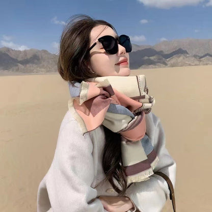 Bufanda de cachemir sintético de estilo coreano con contraste de colores para mujer, ideal para el invierno.