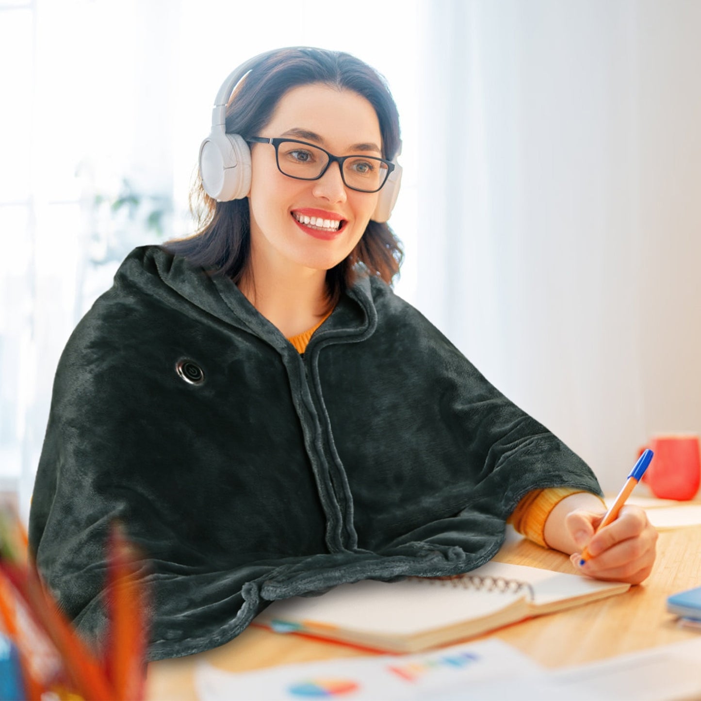 Manta eléctrica calefactable USB de 150 x 79 cm (59 x 31 pulgadas), poncho/chal/envoltura con cremallera, lavable, para el hogar y la oficina. No requiere batería externa. Compatible con CJCD2415461.