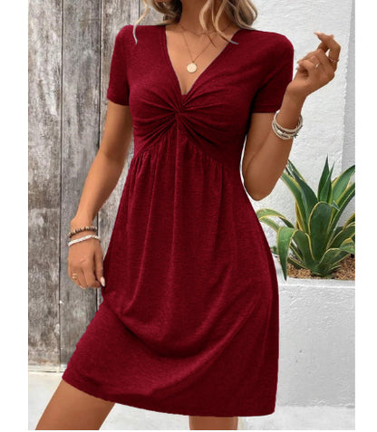 Color Cotton Short Sleeve V-neck Design Chest Twist Waist Dress