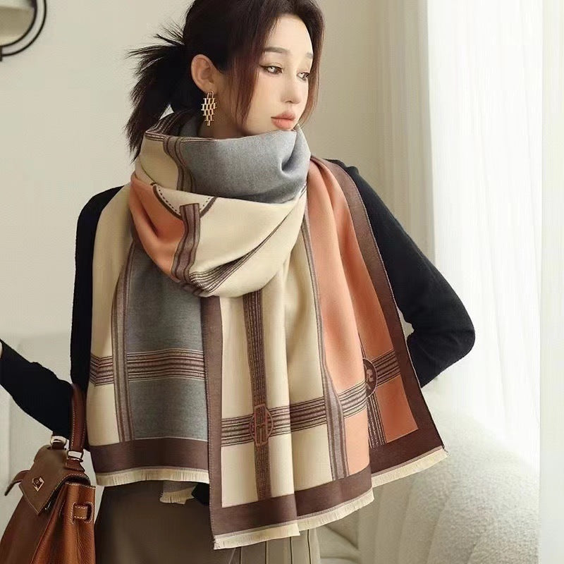 Bufanda de cachemir sintético de estilo coreano con contraste de colores para mujer, ideal para el invierno.