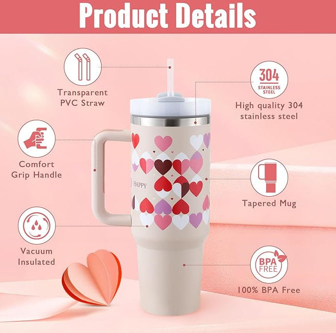 40 Oz Tumbler With Handle Straw Insulated, Stainless Steel Spill Proof Vacuum Coffee Cup Tumbler With Lid Tapered Mug Gifts For Valentine Lover