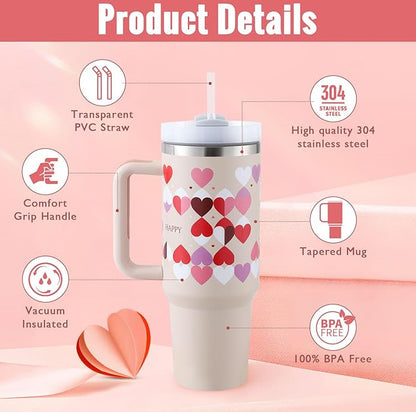 40 Oz Tumbler With Handle Straw Insulated, Stainless Steel Spill Proof Vacuum Coffee Cup Tumbler With Lid Tapered Mug Gifts For Valentine Lover